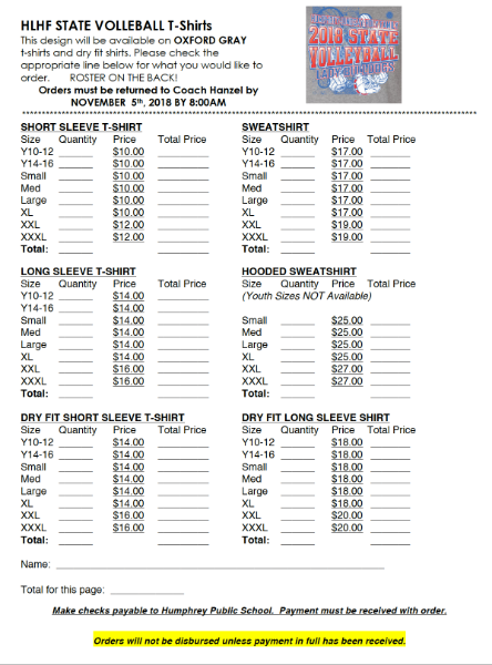 humphrey public schools state volleyball t shirt order form t shirt order forms